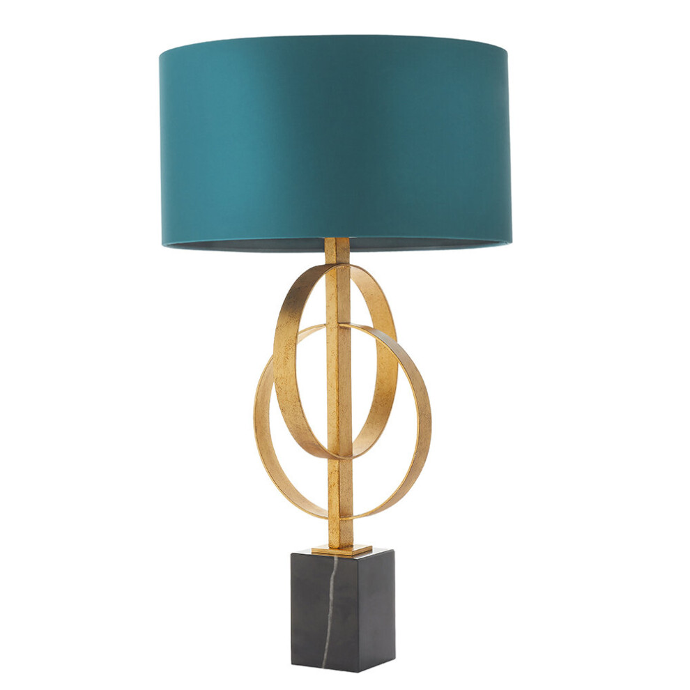 Antique Gold Table Lamp & Teal Satin Shade - Black Marble Base Desk Light