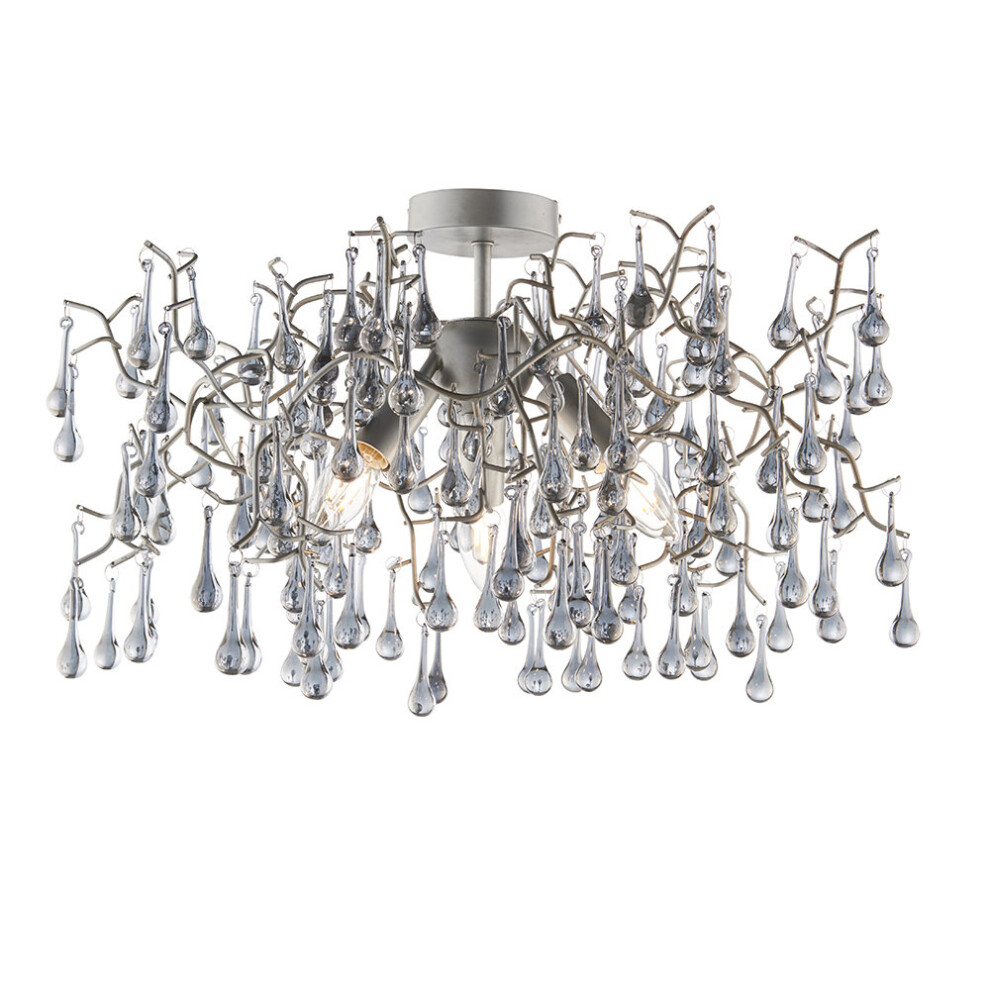 Loops Aged Silver Semi Flush Decorative Branch Ceiling Light - Tinted Glass Droplets