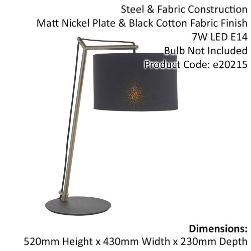 Loops Nickel Plated Angular Table Lamp Light - Black Base & Cotton Shade - Desk Light 1