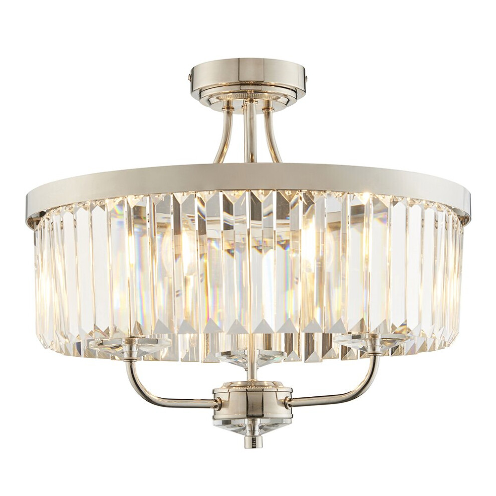 Loops Bright Nickel Semi Flush Ceiling With Clear Cut Glass 3 Bulb Low Hanging Light