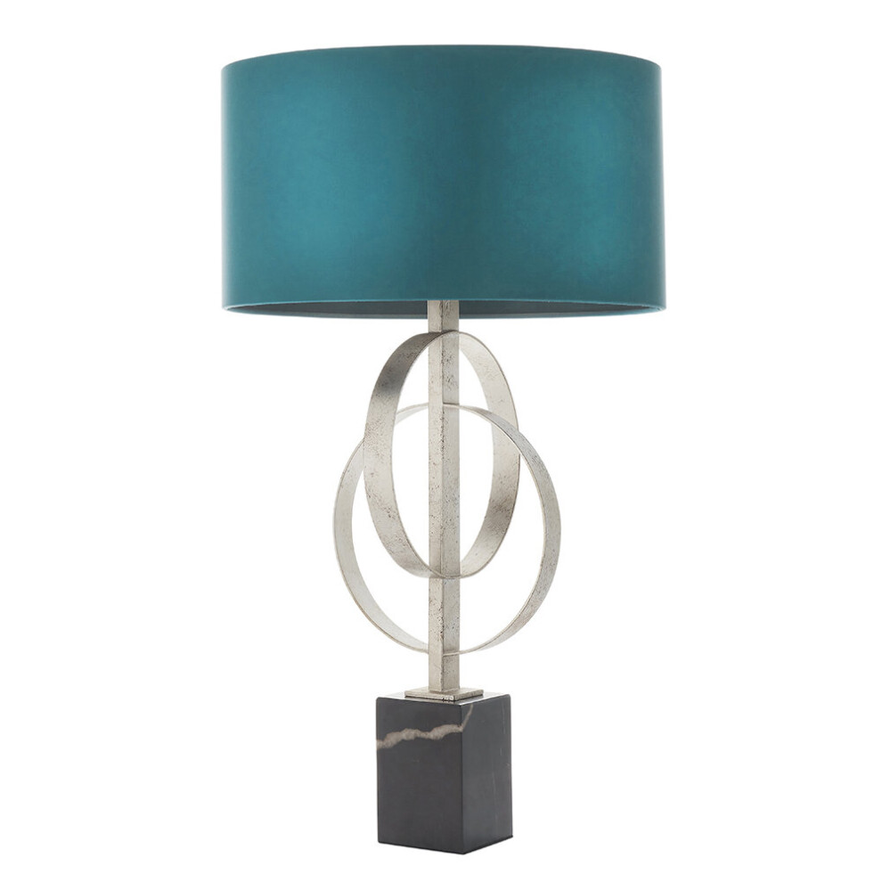 Antique Silver Table Lamp & Teal Satin Shade - Black Marble Base Desk Light