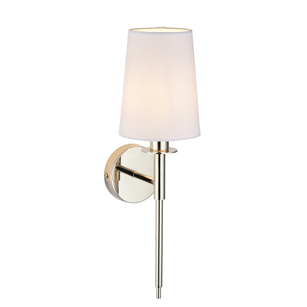 Bright Nickel Plated Wall Light & White Cotton Shade - Modern Sconce Fitting