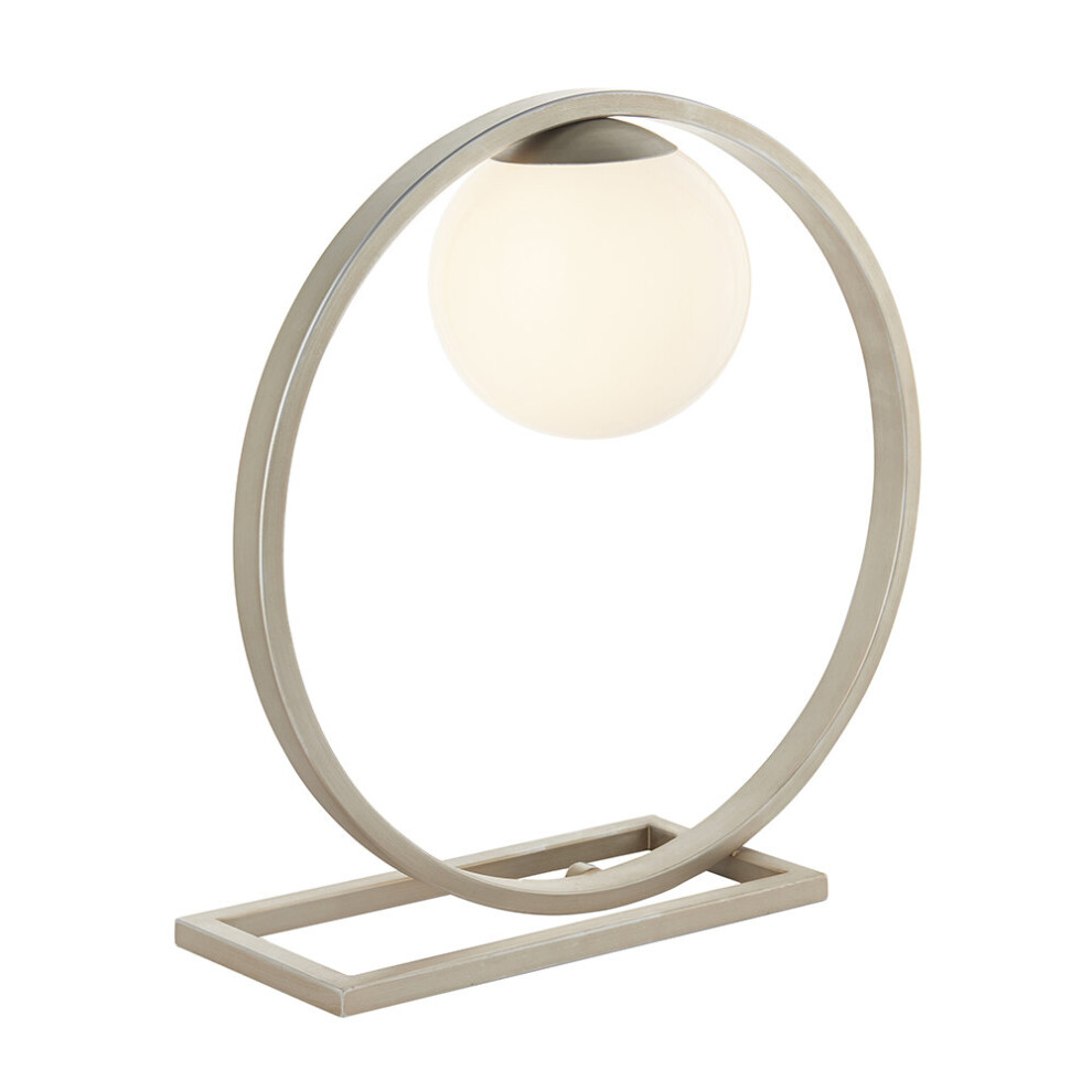 Loops Brushed Silver Table Lamp Light - Gloss Opal Glass Shade - Circular Hoop Design