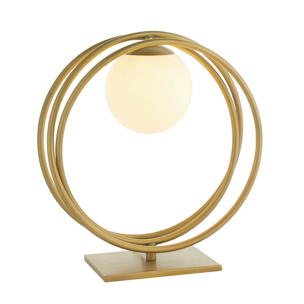 Brushed Gold Table Lamp Light - Gloss Opal Glass Shade - Circular Hoop Design