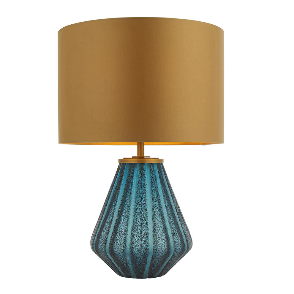 Turqoise Glass Base Table Lamp Light & Gold Fabric Shade - Black Textured Detail