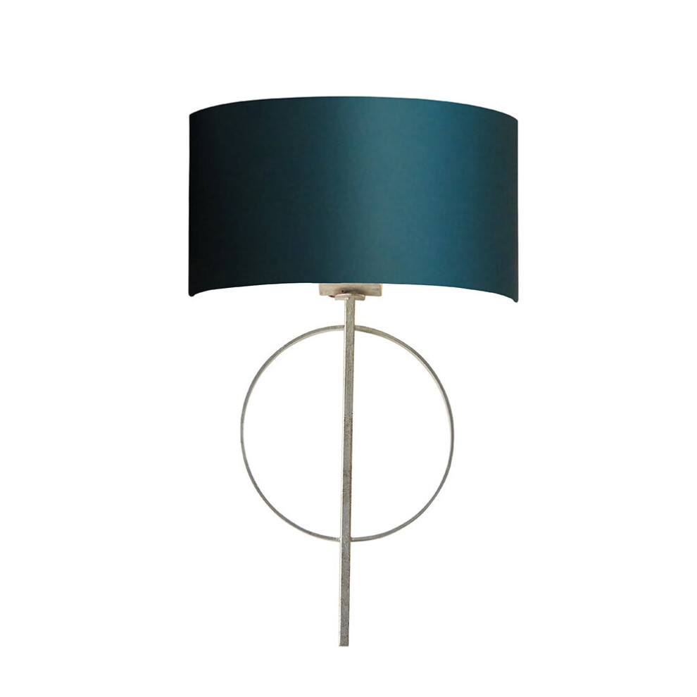 Loops Antique Silver Leaf Wall Light & Teal Satin Half Shade Dimmable Filament Lamp