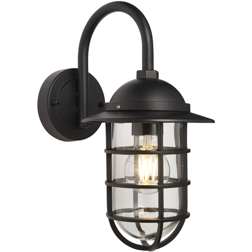 Loops Non Automatic Caged Outdoor Wall Light - Textured Black & Glass Shade Ip44 Rated