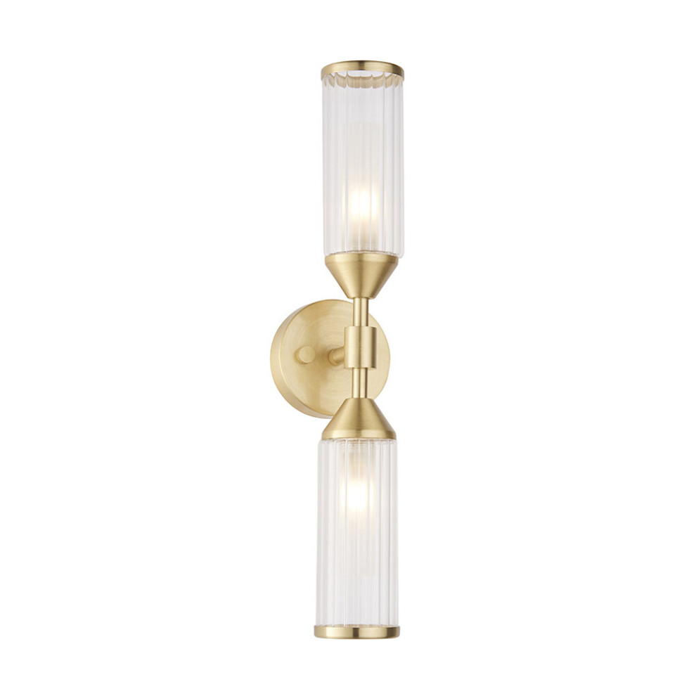 Loops Satin Brass Twin Wall Light & Ribbed Glass Shades - Frosted Glass Inner Defusers