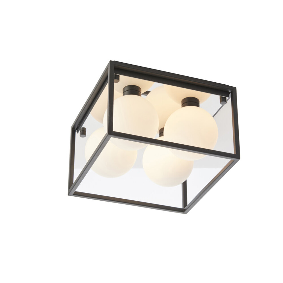 Matt Black Square Framed Semi Flush Bathroom Ceiling Light & Sphere Glass Shades