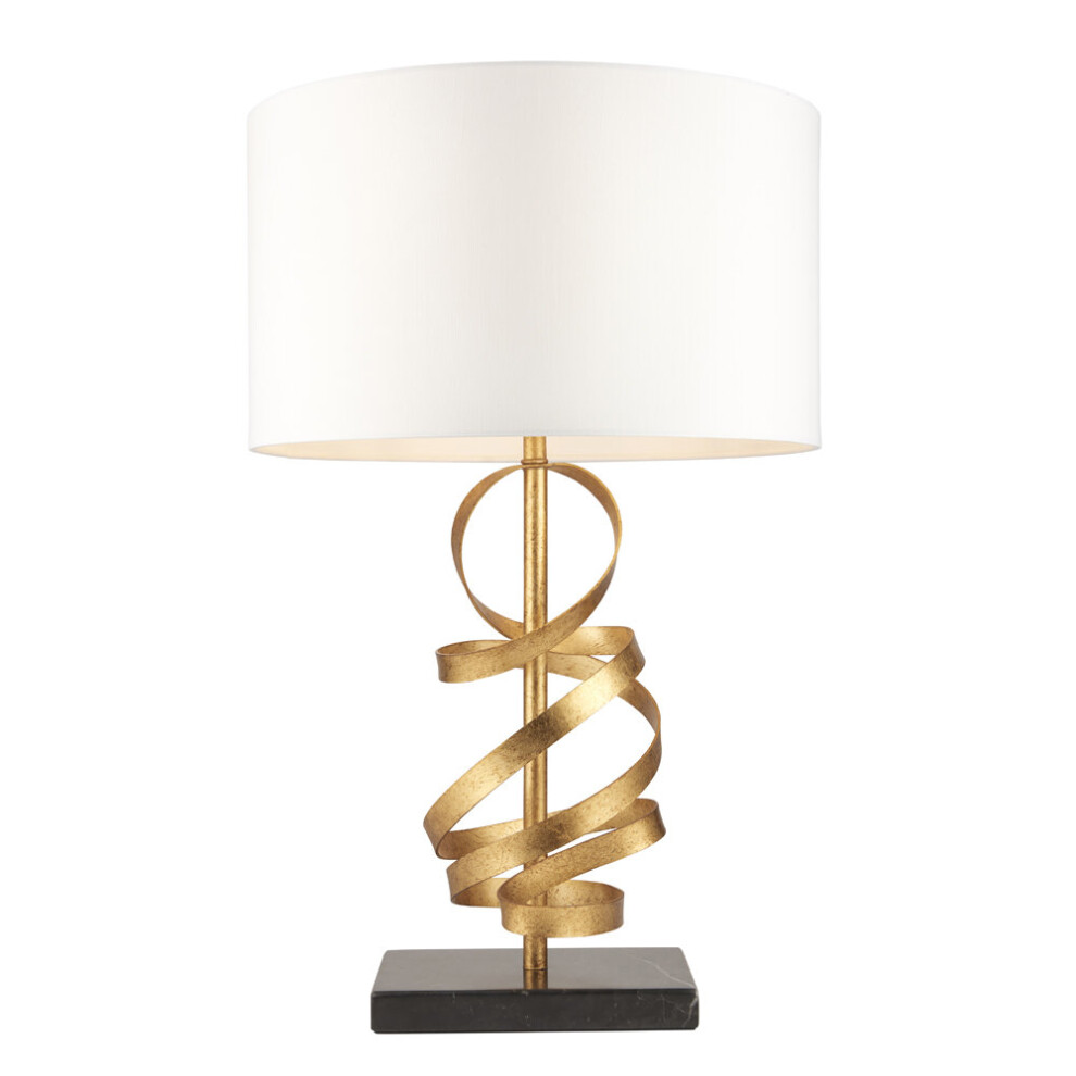 Loops Hammered Leaf Ribbon Table Lamp & Shade - Black Marble Base Gold/Light/Ivory