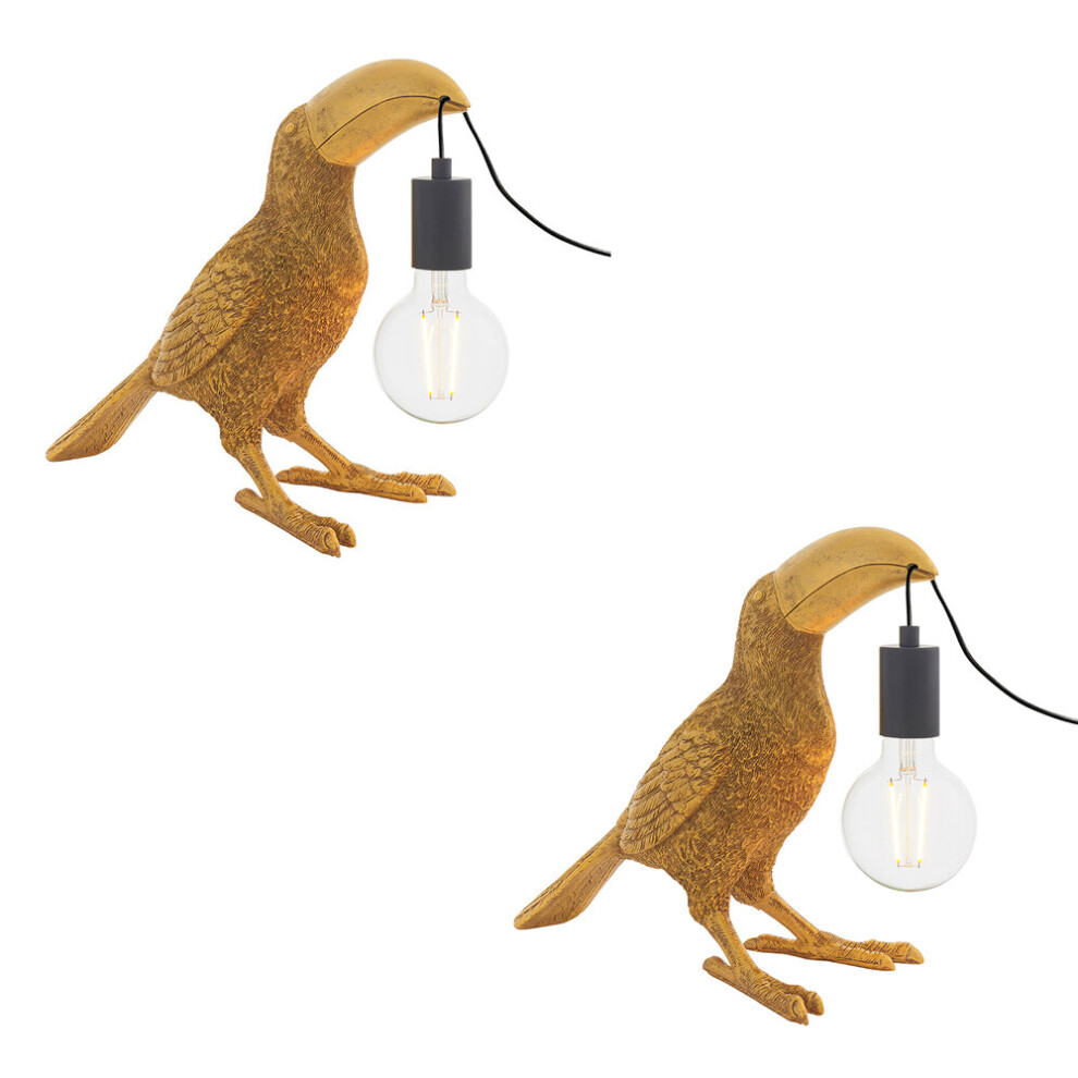 2 PACK Vintage Gold Toucan Table Light - Resin Figure - Matt Black Lamp Holder