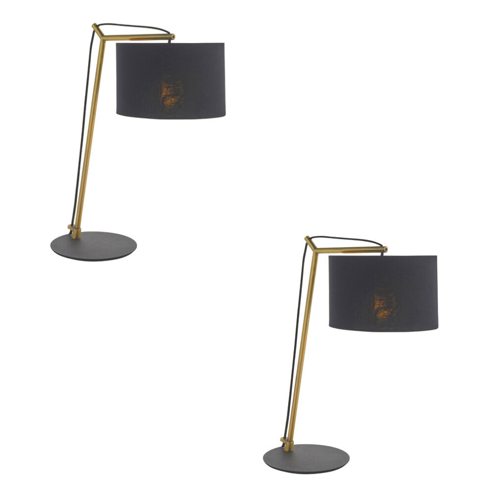 Loops 2 Pack Brass Plated Angular Table Lamp - Base & Cotton Shade - Desk Black/Light