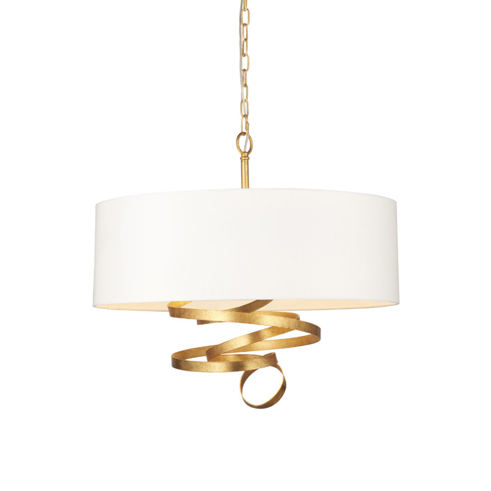 Loops Gold Leaf Ribbon Ceiling Pendant Light & Ivory Shade 3 Bulb Hanging Lamp Fitting