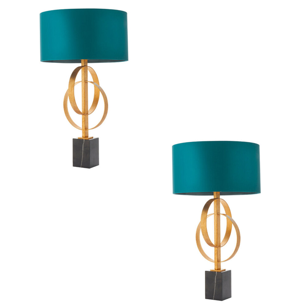 2 PACK Antique Gold Table Lamp & Teal Satin Shade - Black Marble Base Desk Light