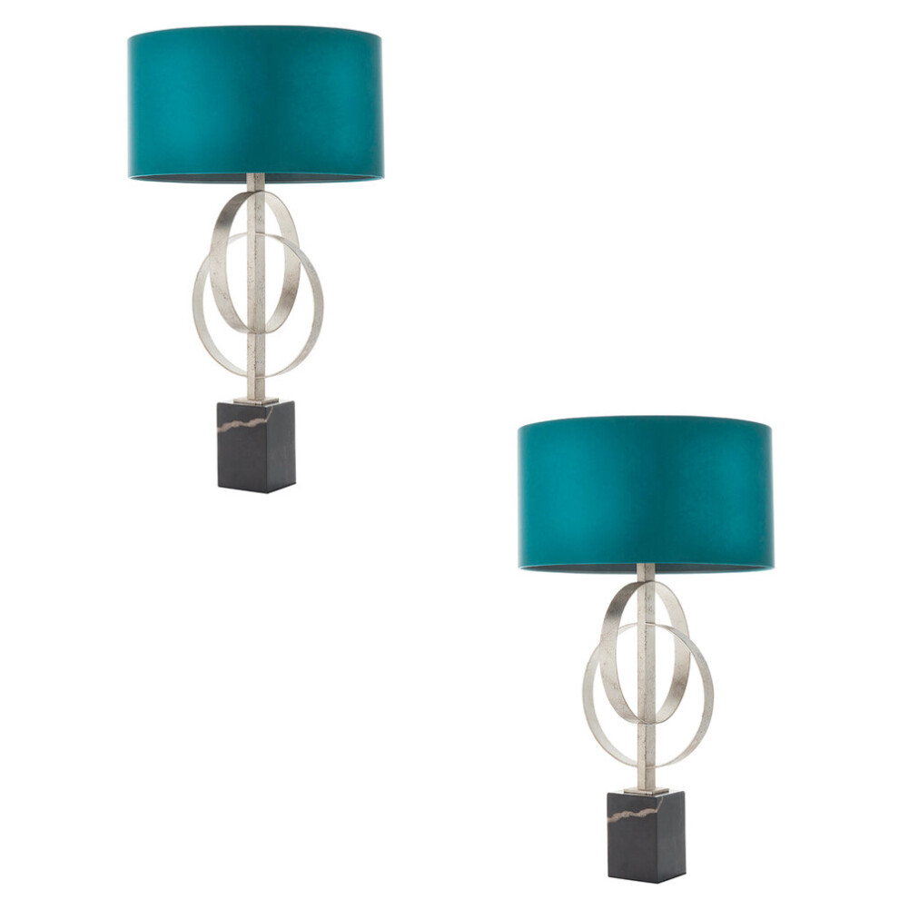Loops 2 Pack Antique Table Lamp & Teal Satin Shade Marble Base Desk Silver/Black/Light