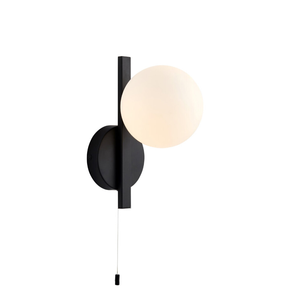 Matt Black Contemporary Bathroom Wall Light & Opal Sphere Glass Shade IP44 Rated