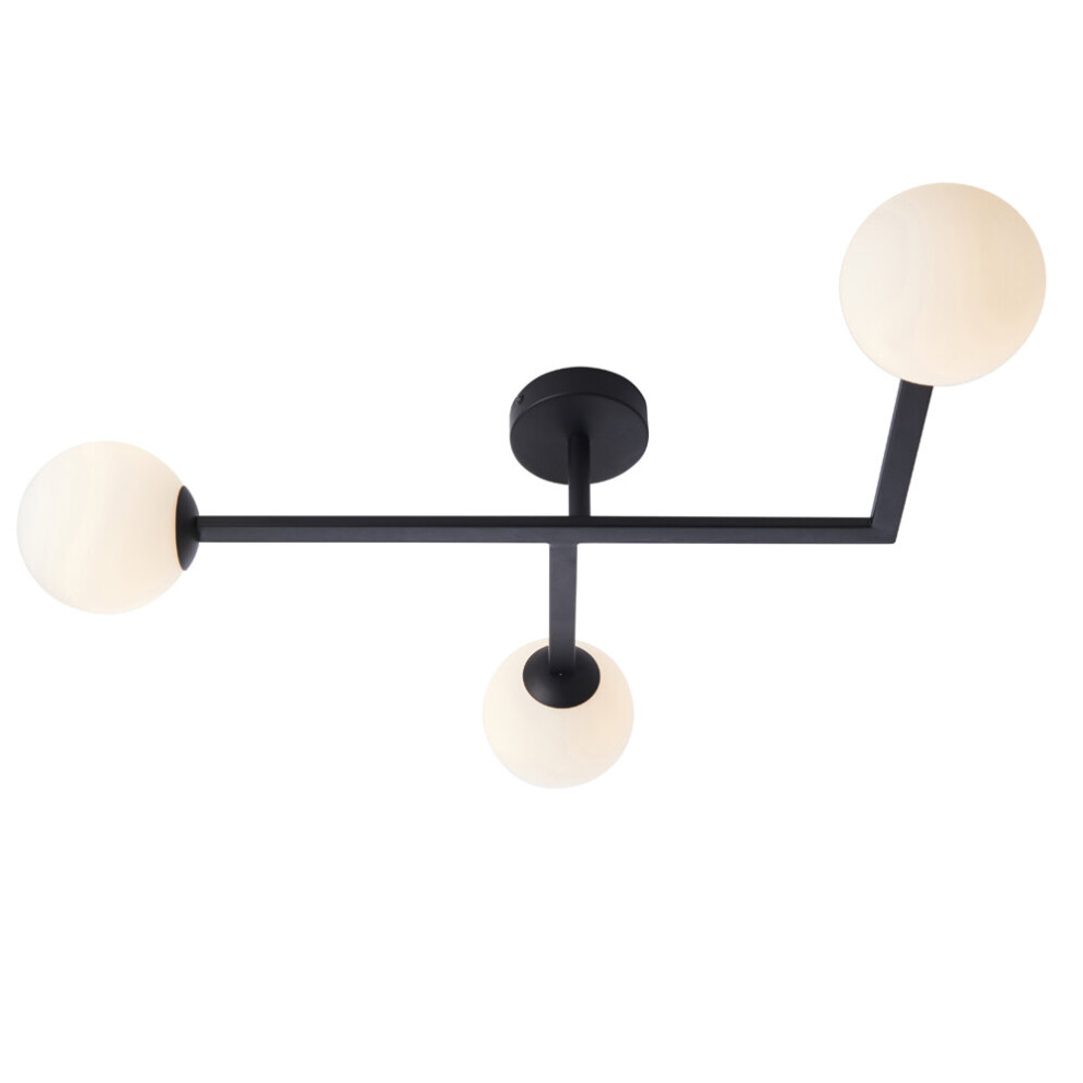 Loops Matt Black Semi Fush Bathroom Ceiling Light & Opal Glass Shade - 3 Bulb Fitting