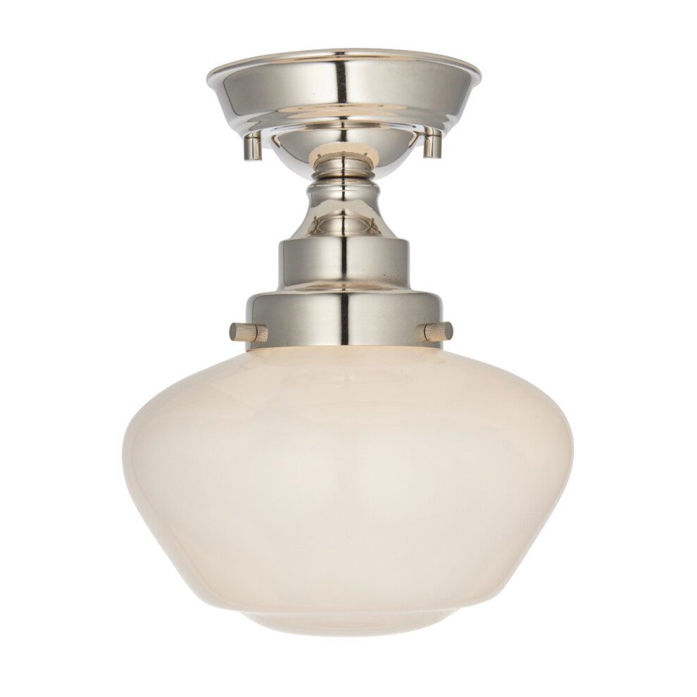 Polished Nickel Semi Flush Ceiling Light Fitting & Opal Glass Shade Low Profile