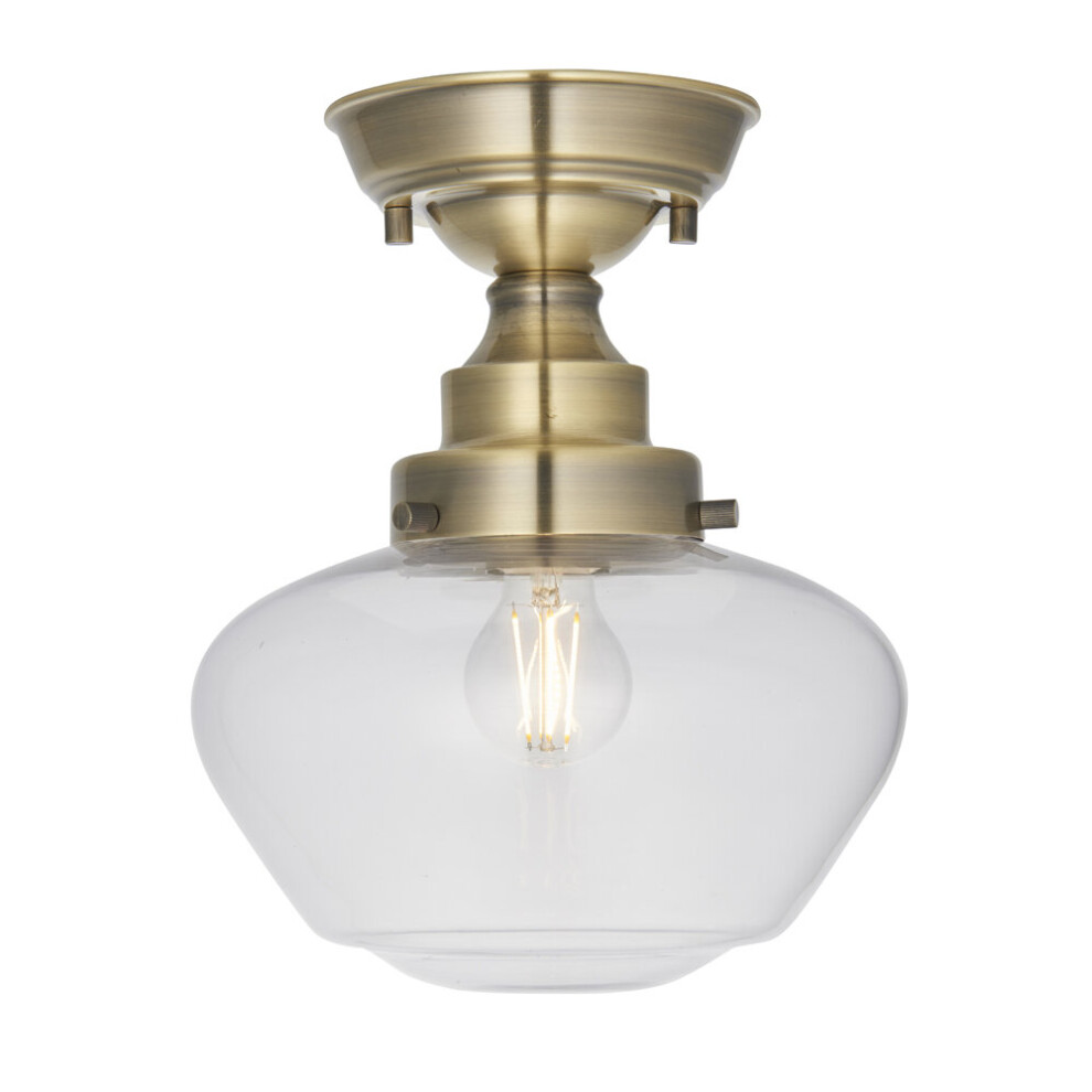 Loops Antique Brass Semi Flush Ceiling Light Fitting & Clear Glass Shade Low Profile