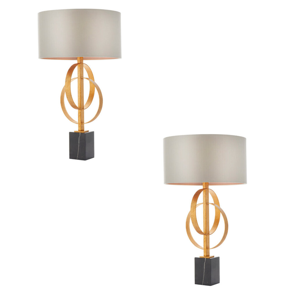 Loops 2 Pack Antique Table Lamp & Mink Satin Shade - Marble Base Desk Gold/Black/Light