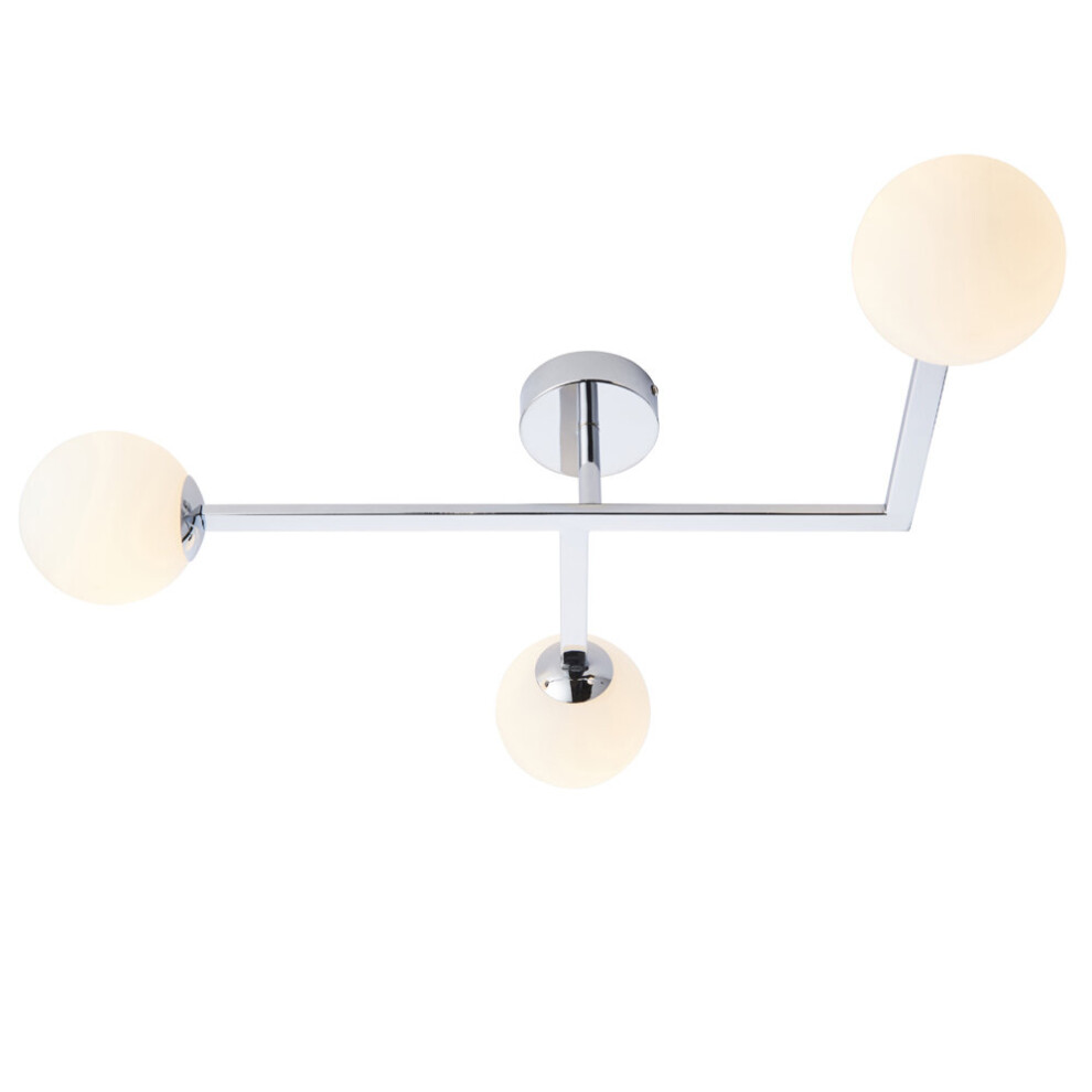 Loops Polished Chrome Semi Flush Bathroom Ceiling & Opal Glass Shade - 3 Bulb Light