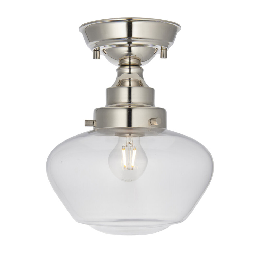 Polished Nickel Semi Flush Ceiling Light Fitting & Clear Glass Shade Low Profile