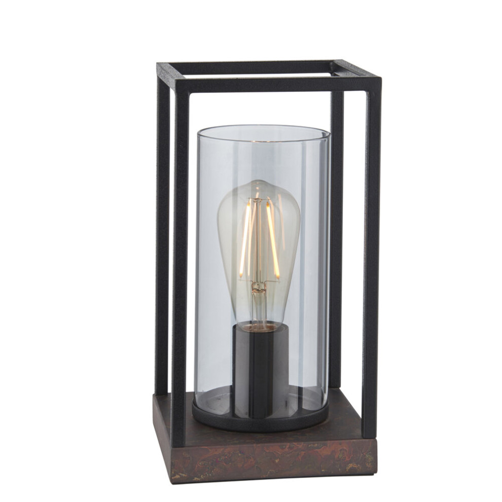Loops Matt Industrial Framed Table Lamp & Glass Shade - Patina Base Black/Light/Bronze