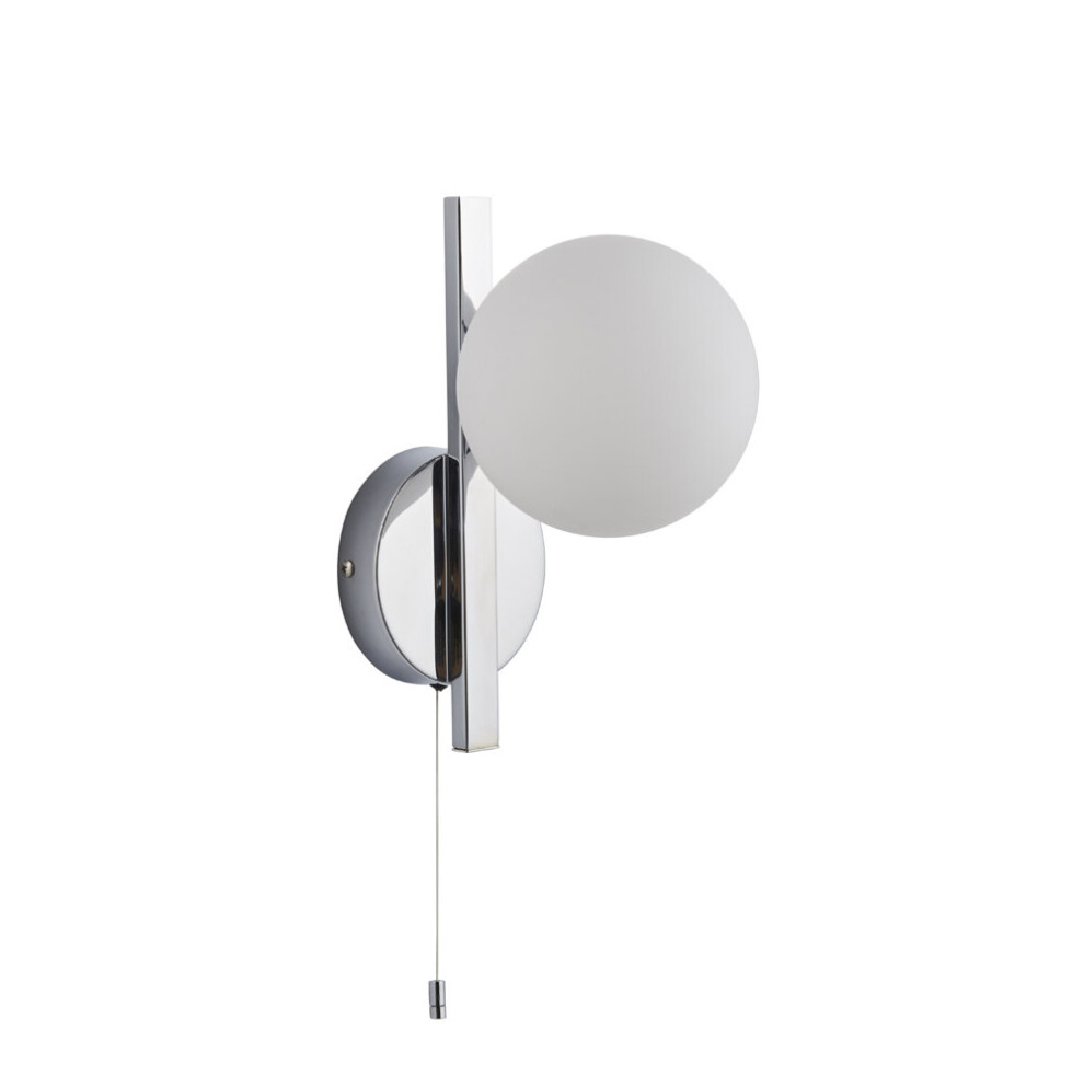 Chrome Contemporary Bathroom Wall Light & Opal Sphere Glass Shade IP44 Rated