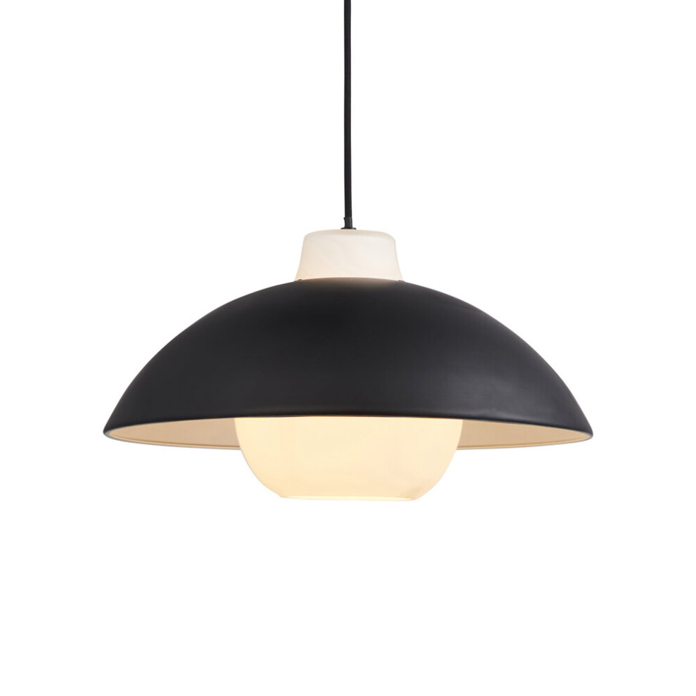 Matt Black & White Monochrome Domed Ceiling Pendant Light - Glass Inner Shade