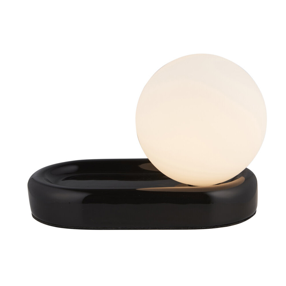 Gloss Black Designer Ceramic Base Table Lamp Light & Opal Sphere Glass Shade