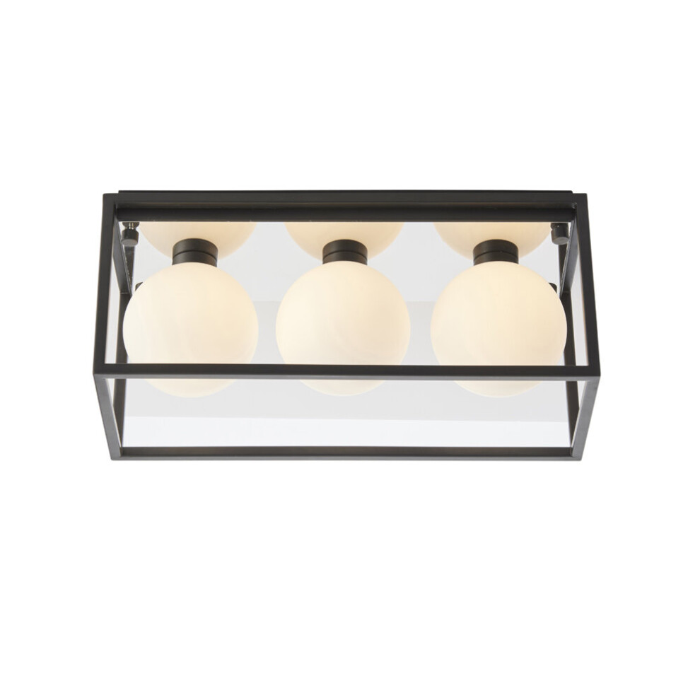 Loops Matt Rectangular Framed Flush Bathroom Ceiling & Sphere Glass Shades Black/Light