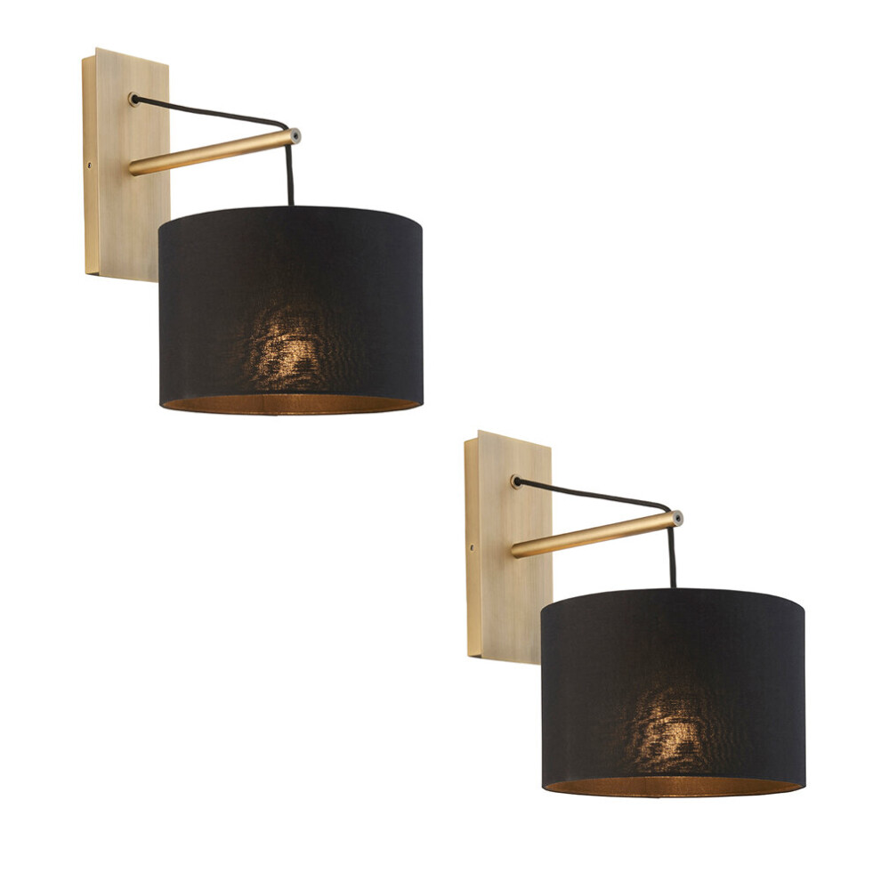 2 PACK Matt Brass Wall Light & Black Cotton Fabric Shade - Hanging Wall Fitting