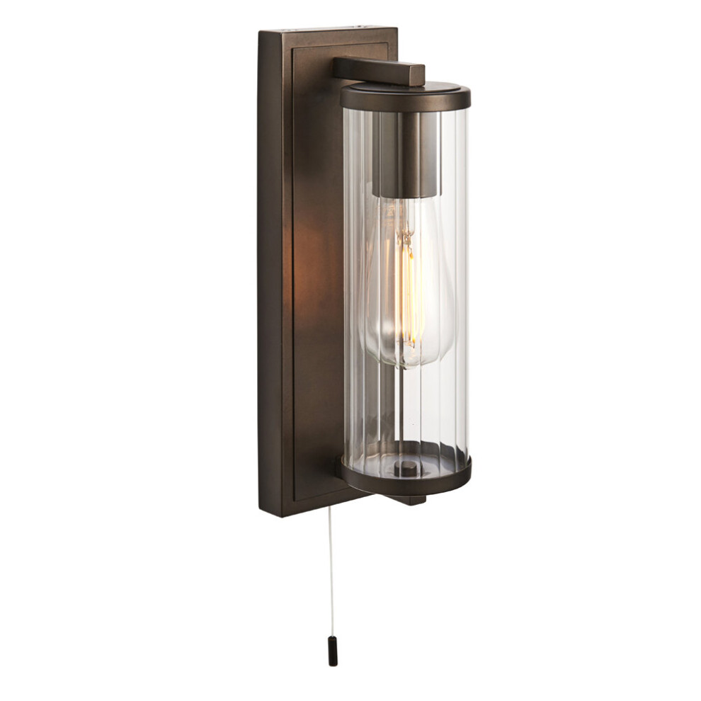 Dark Bronze Bathroom Wall Light & Ribbed Cylinder Glass Shade IP44 Rated Fitting