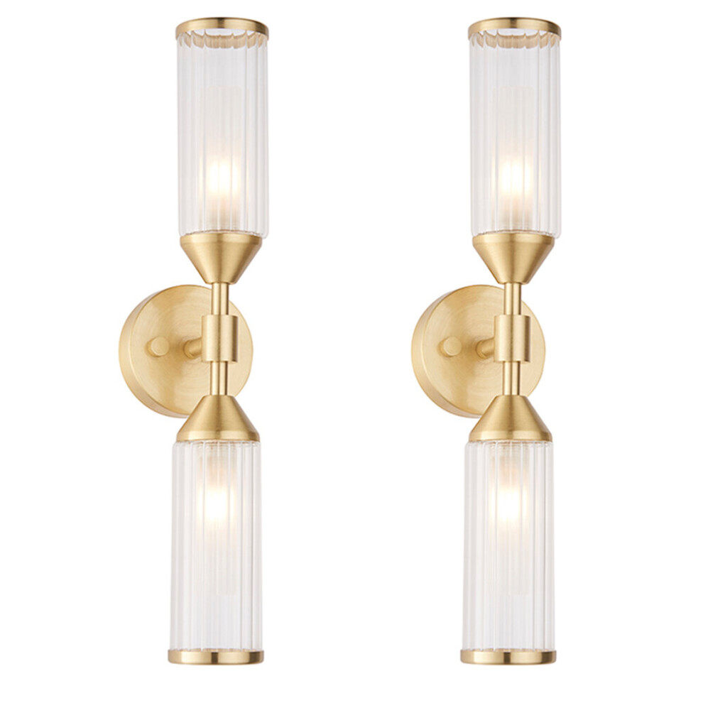 Loops 2 Pack Satin Brass Twin Wall & Ribbed Glass Shades Frosted Glass Defusers Light