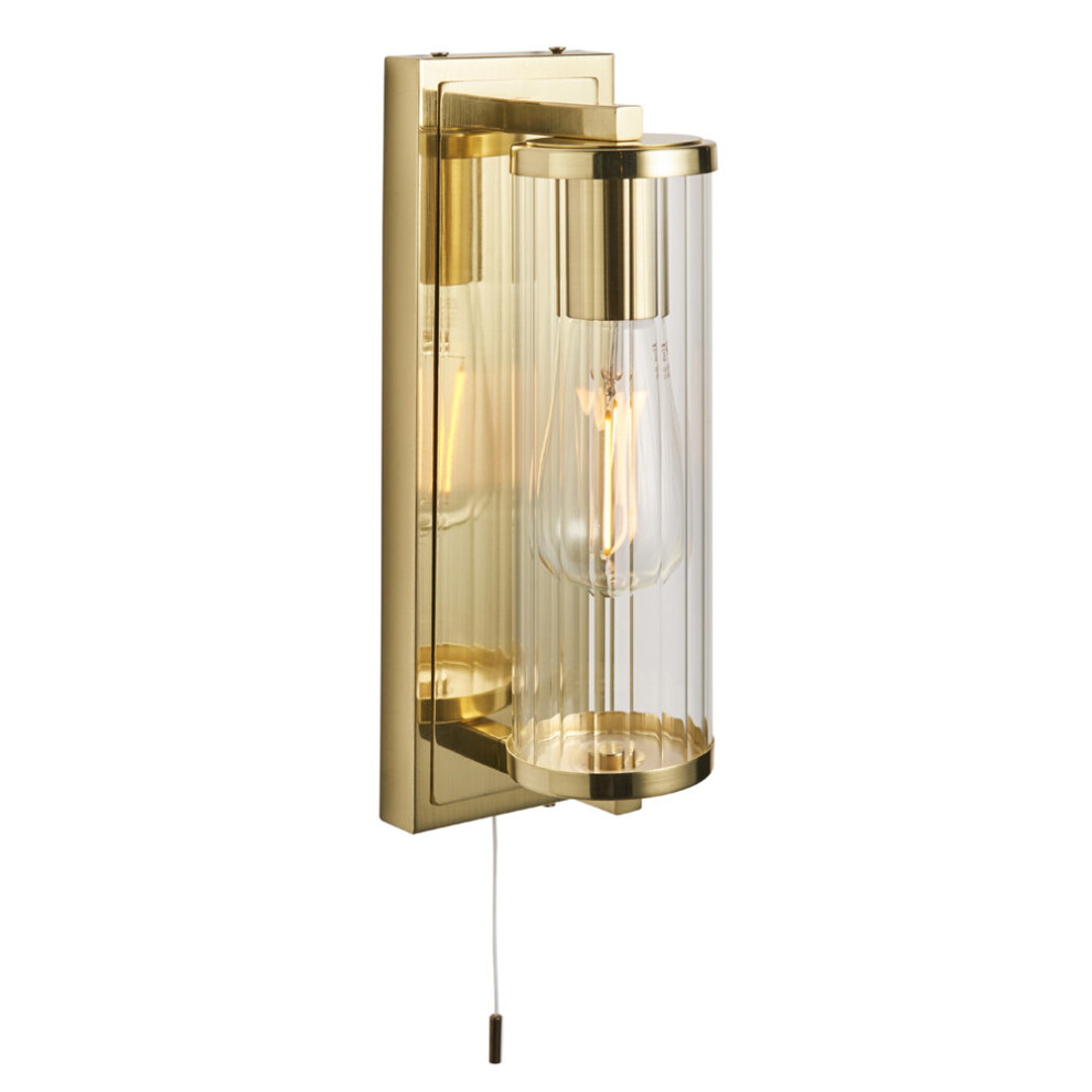 Loops Satin Brass Bathroom Wall Light & Ribbed Cylinder Glass Shade Ip44 Rated Fitting