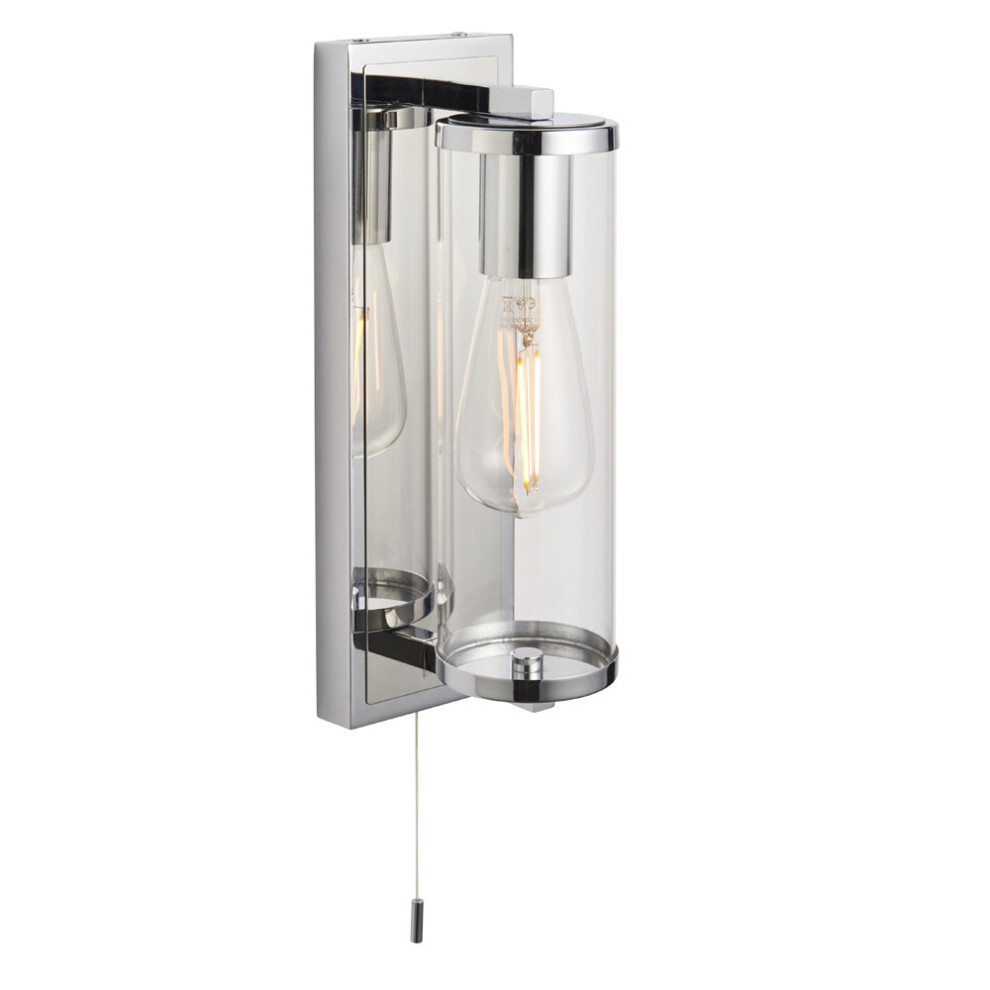 Chrome Bathroom Wall Light & Cylinder Glass Shade - IP44 Rated - Modern Sconce