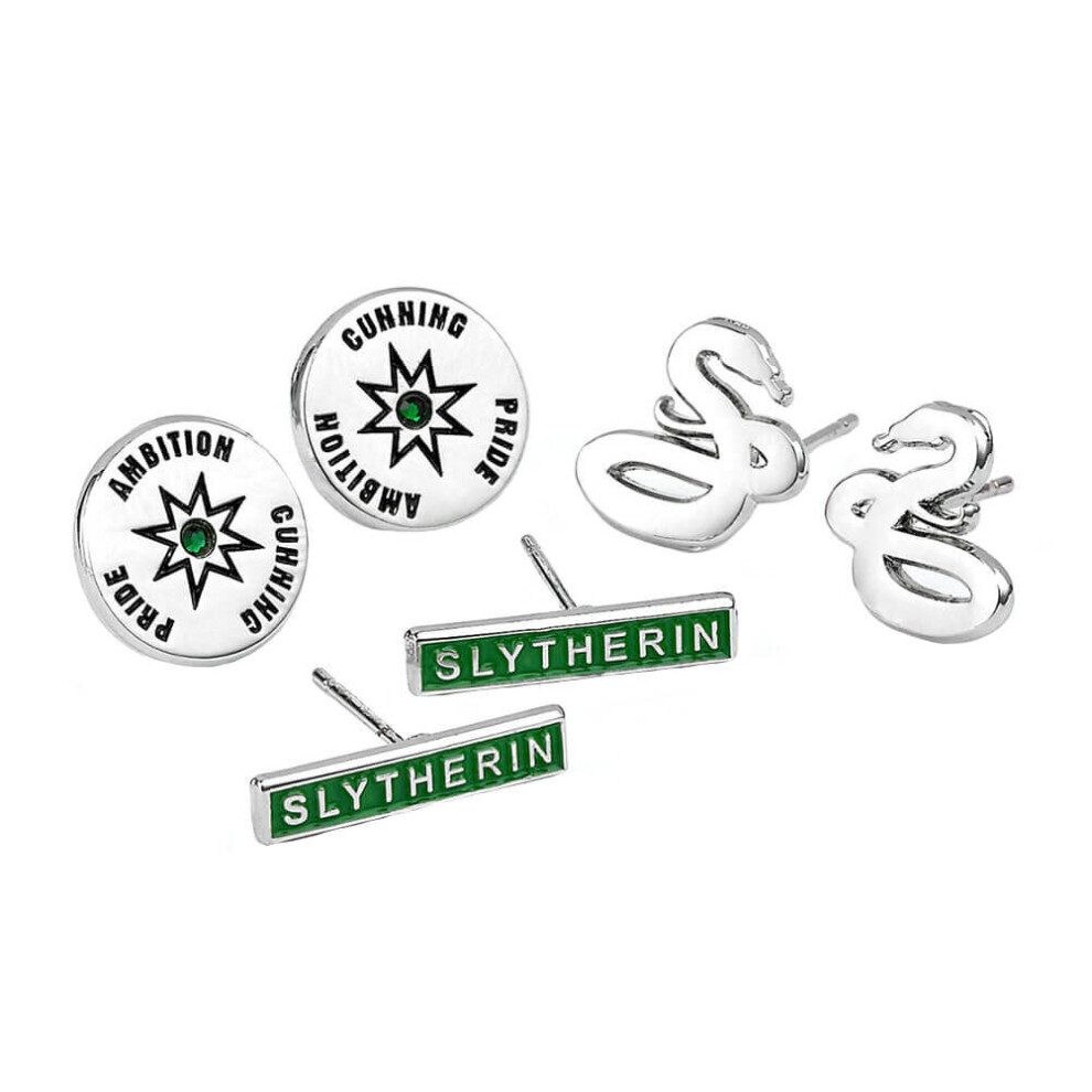 Harry Potter Slytherin Silver Plated 3 Piece Stud Earring Set