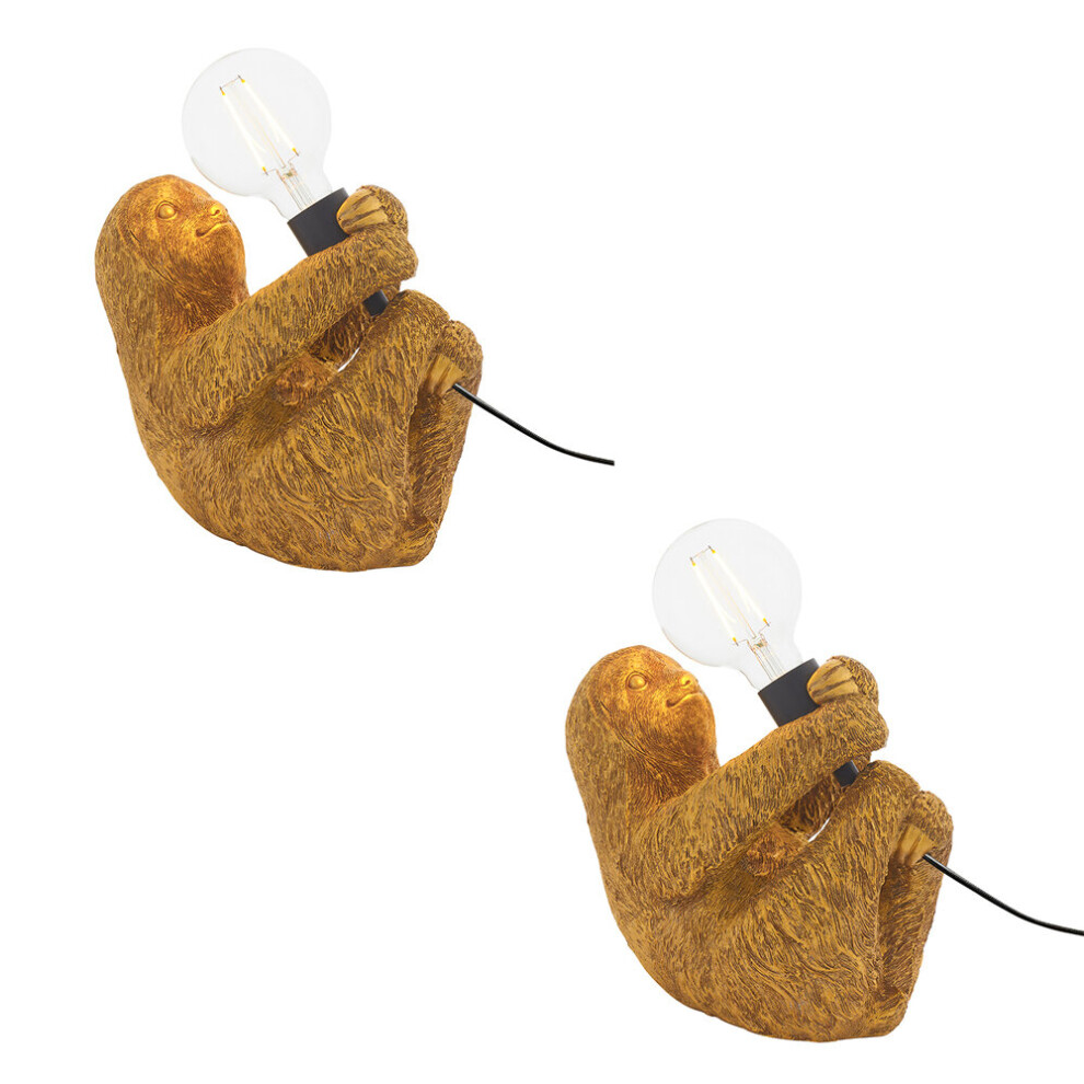 2 PACK Vintage Gold Sloth Table Light - Resin Figure - Matt Black Lamp Holder