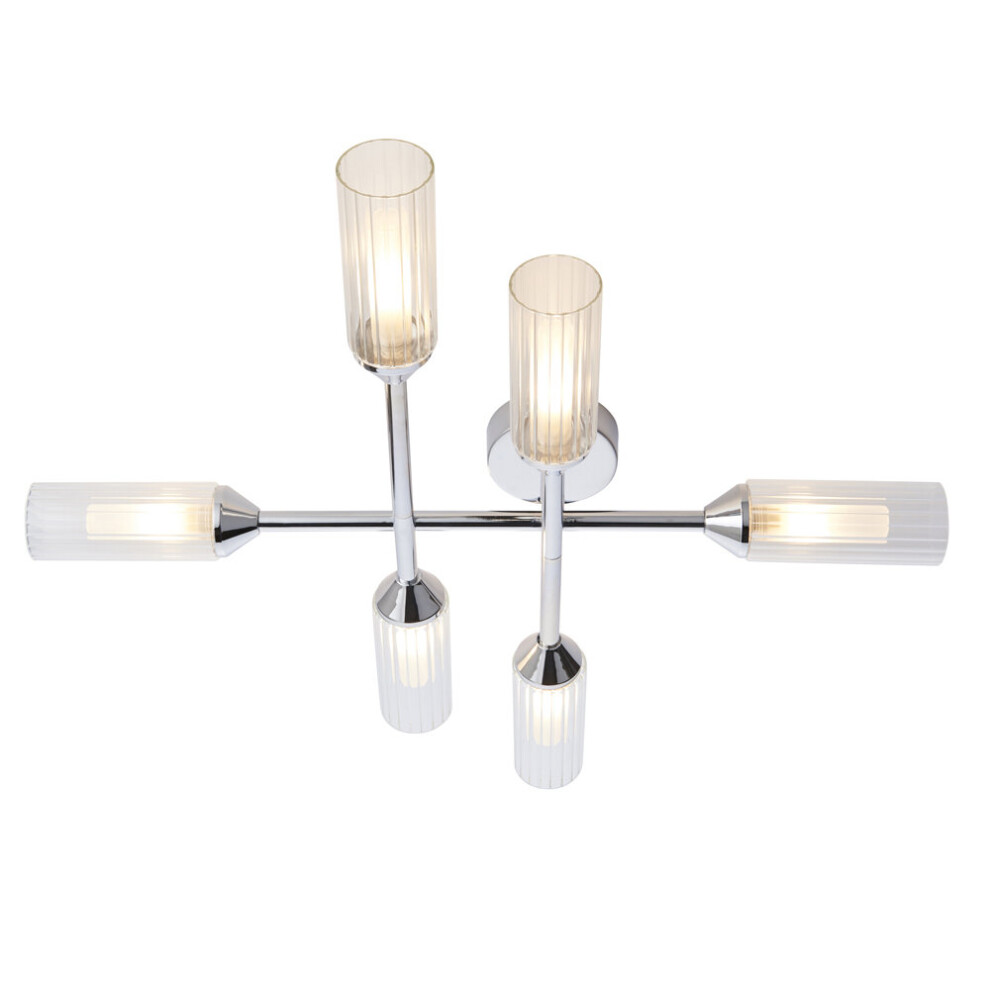 Loops Chrome Semi Flush Bathroom Ceiling - Ribbed & Frosted Glass - 6 Bulb Light