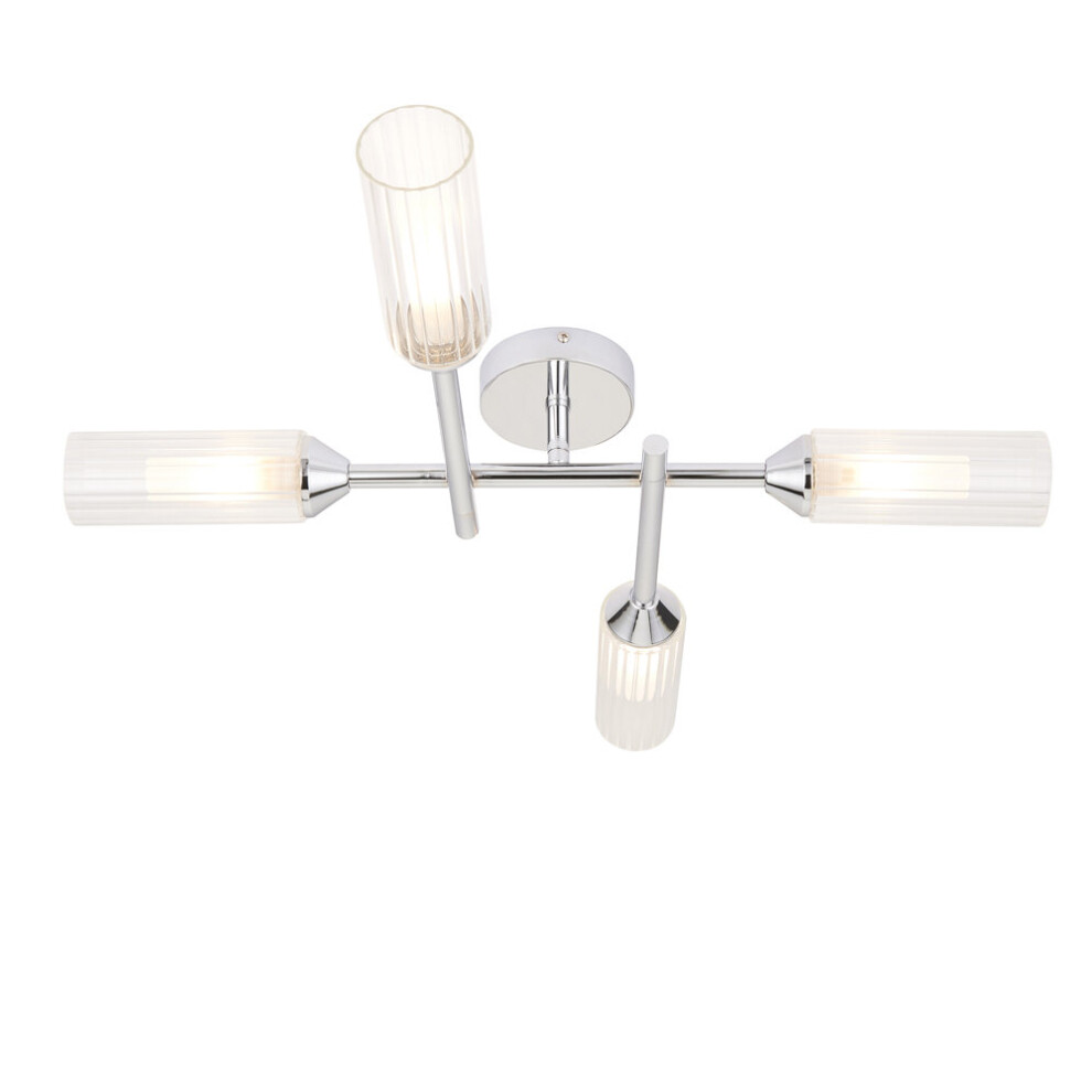 Chrome Semi Flush Bathroom Ceiling Light - Ribbed & Frosted Glass - 4 Bulb