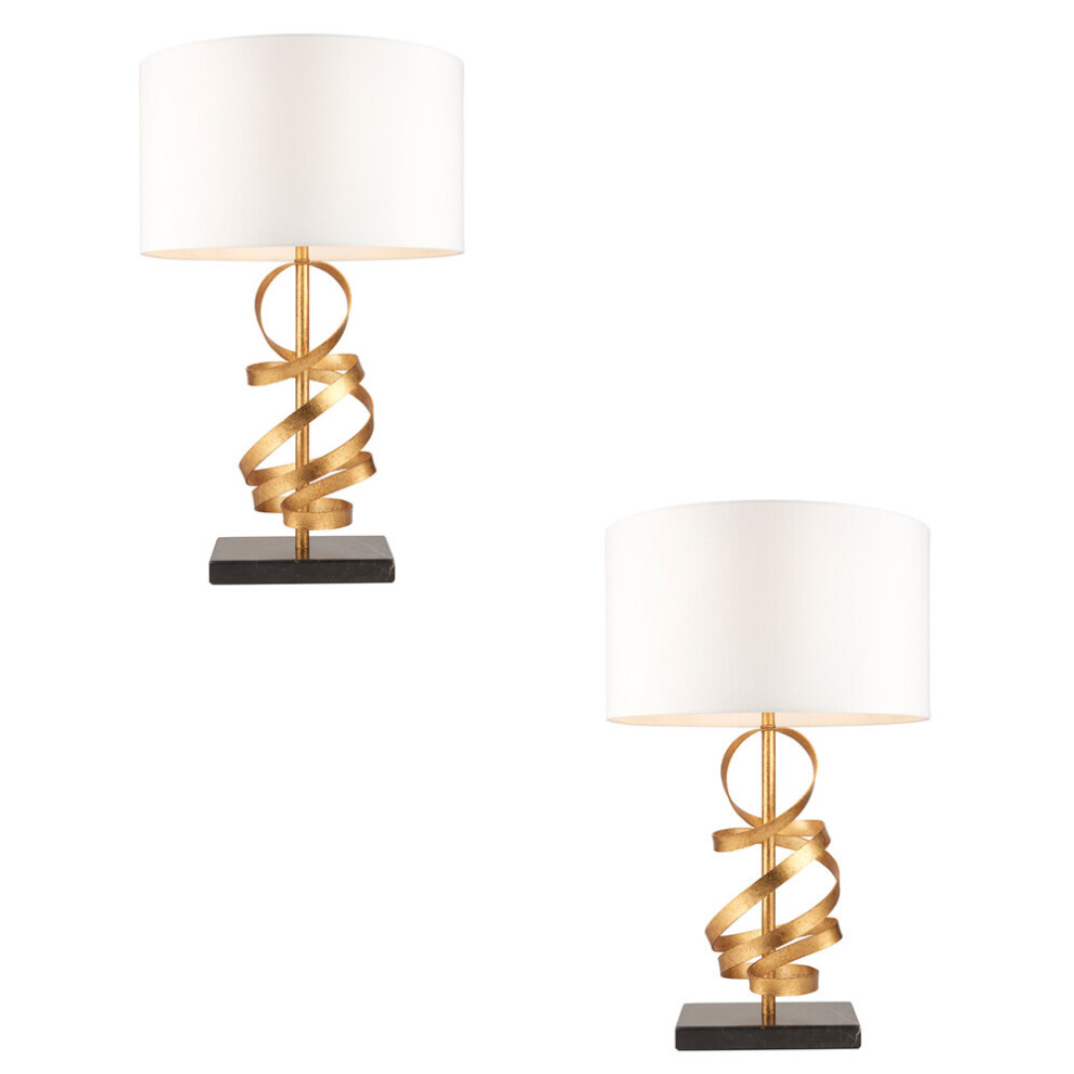 2 PACK Hammered Gold Ribbon Table Lamp Light & Ivory Shade - Black Marble Base