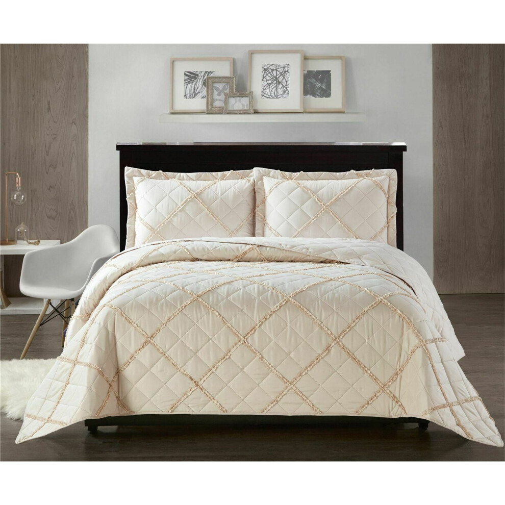 (Beige, Single) Ruffle Embossed Quilted Bedspread Bed Throw Single Double King Size Bedding Set