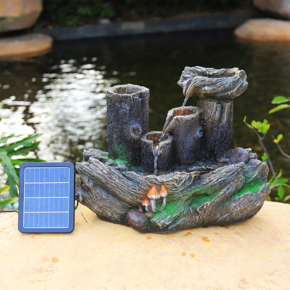 Solar Powered Resin Log Mushroom Outdoor Water Fountain with LED Lights