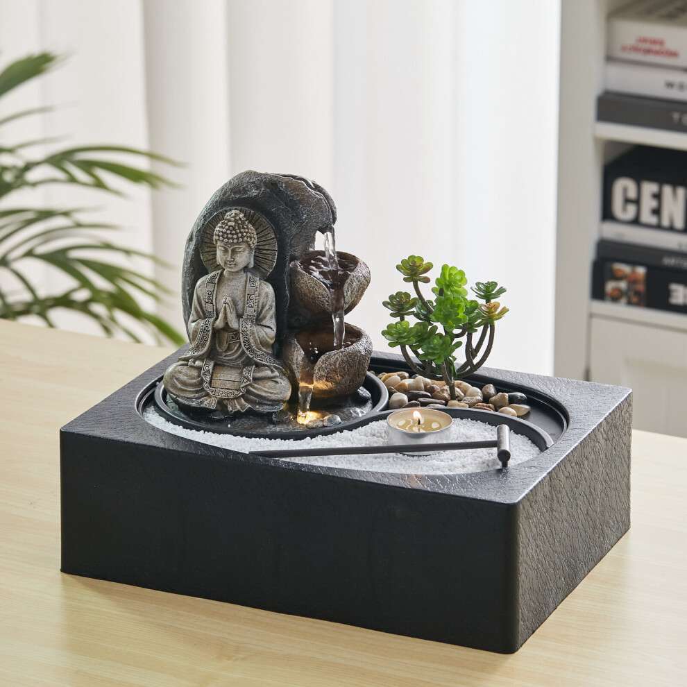 Buddha Zen Tabletop Fountain with LED Light, Tealight Holder and Succulent