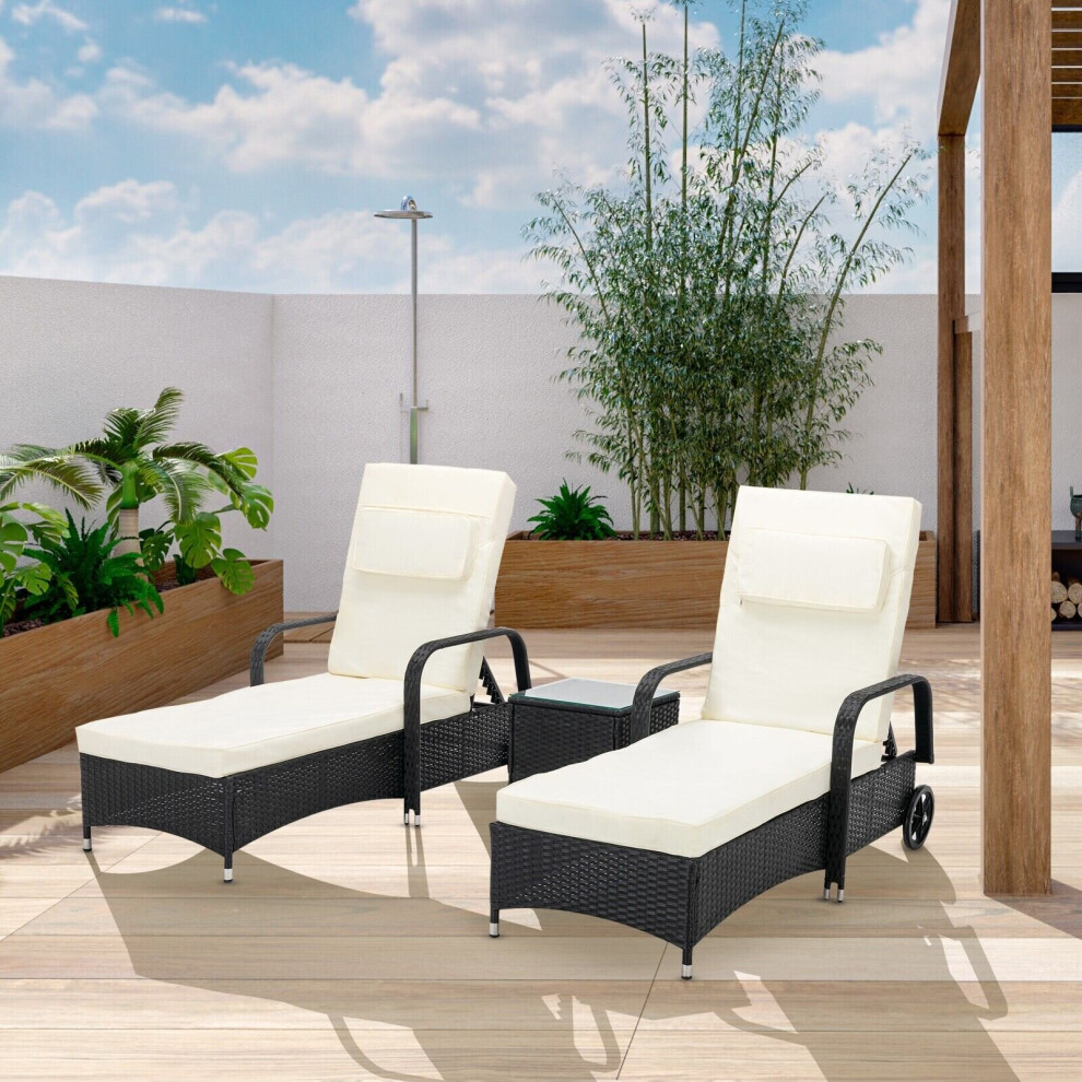 (Black) MCC 3 Pieces Rattan Sun Lounger Bed Recliner Outdoor Chair & Side Table Set Venice