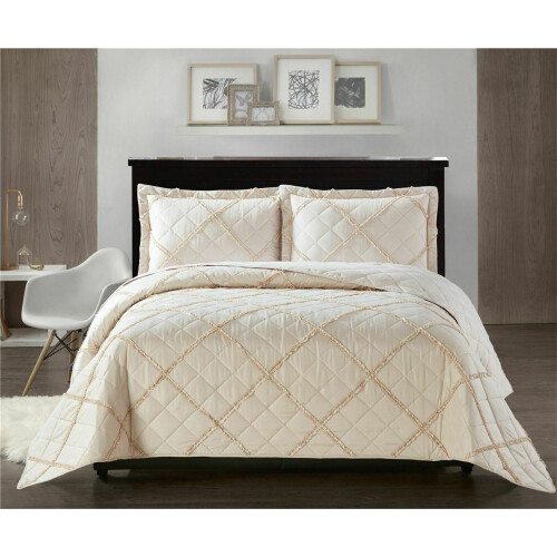 (Beige, Double) Ruffle Embossed Quilted Bedspread Bed Throw Single Double King Size Bedding Set