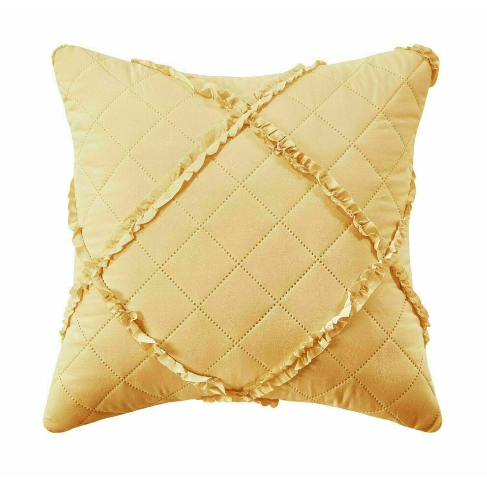 (Mustard, Cushion Cover 17" x 17") Ruffle Embossed Quilted Bedspread Bed Throw Single Double King Size Bedding Set