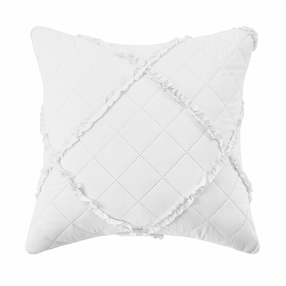 (White, Cushion Cover 17" x 17") Ruffle Embossed Quilted Bedspread Bed Throw Single Double King Size Bedding Set