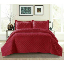 (Red, Double) Ruffle Embossed Quilted Bedspread Bed Throw Single Double King Size Bedding Set