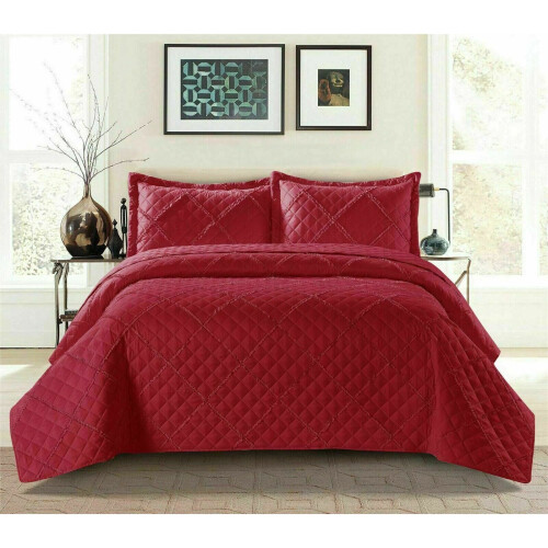 (Red, Double) Ruffle Embossed Quilted Bedspread Bed Throw Single Double King Size Bedding Set